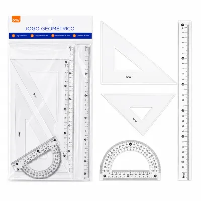 Conjunto de ferramentas geométricas BRW, inclui régua, transferidor e esquadros, ideal para estudantes e profissionais.