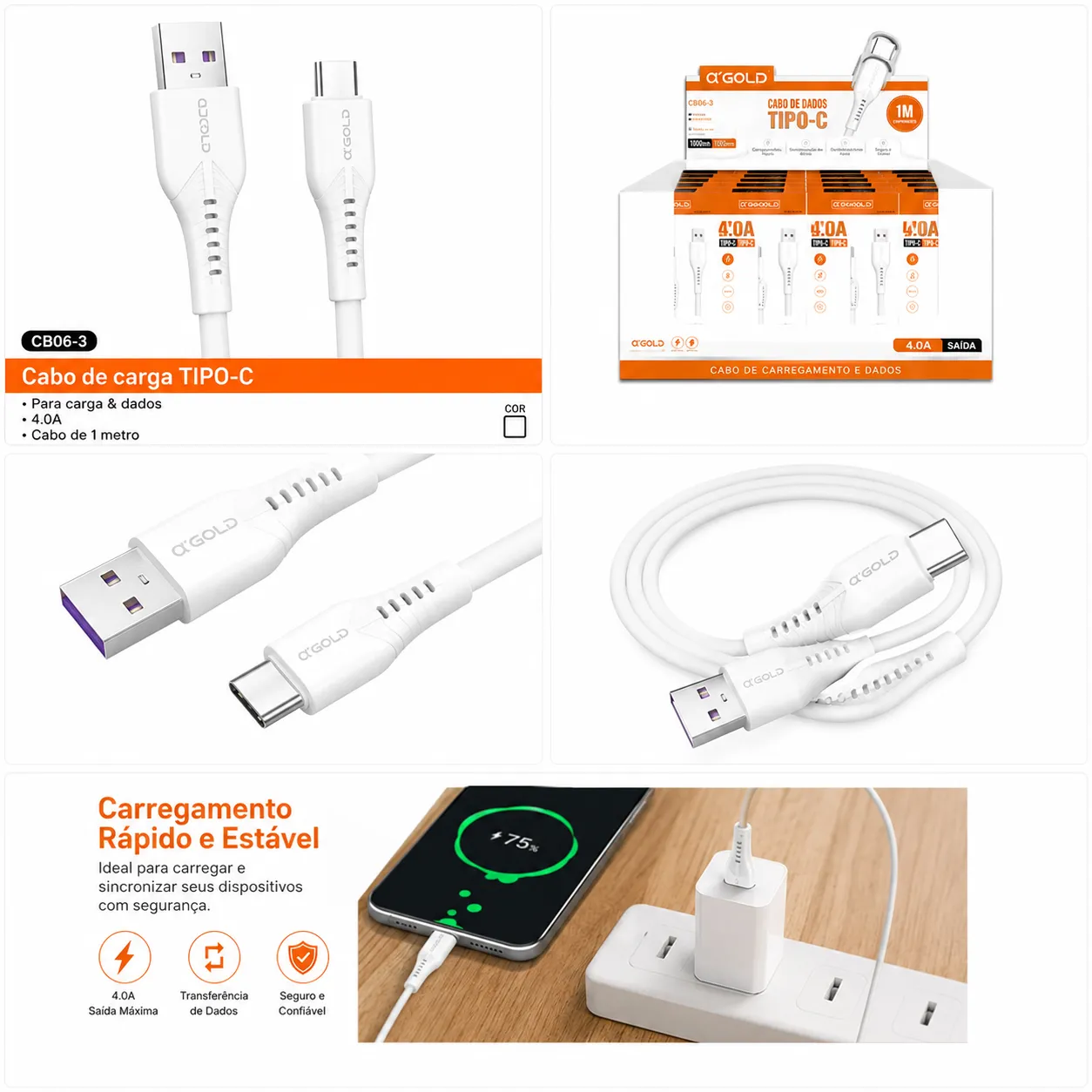 Cabo de carregamento USB-C αGOLD CB06-3 1 metro 4.8A