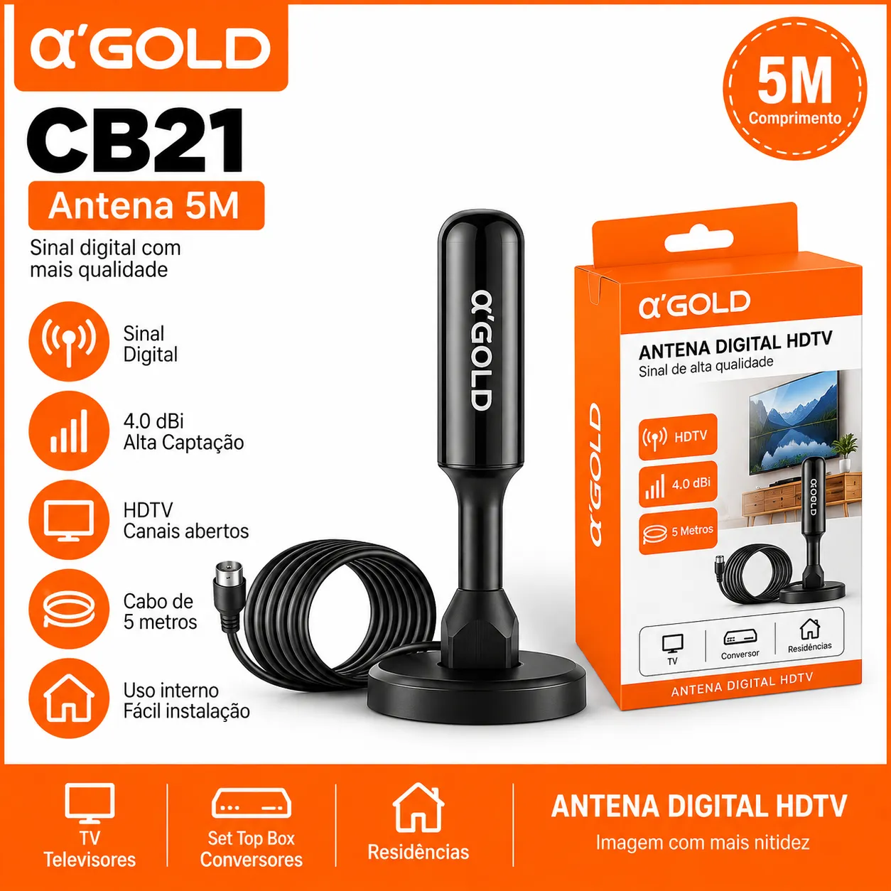 Antena Digital HDTV α'GOLD CB21 5 metros, recepção de sinal de alta qualidade