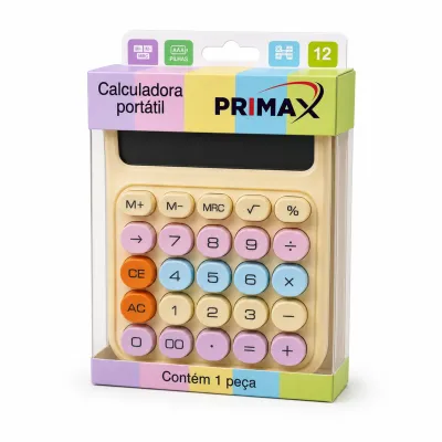 MAX0015 Calculadora portátil PRIMAX, 12 dígitos, teclado colorido, ideal para estudantes e uso em escritório