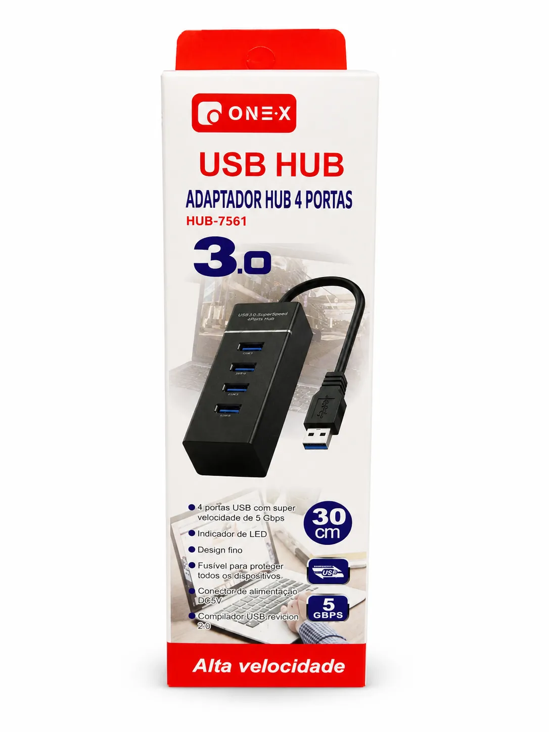 Hub USB ONEX 4 portas HUB-7561 30cm, suporta USB 3.0, transmissão super rápida, com luz LED