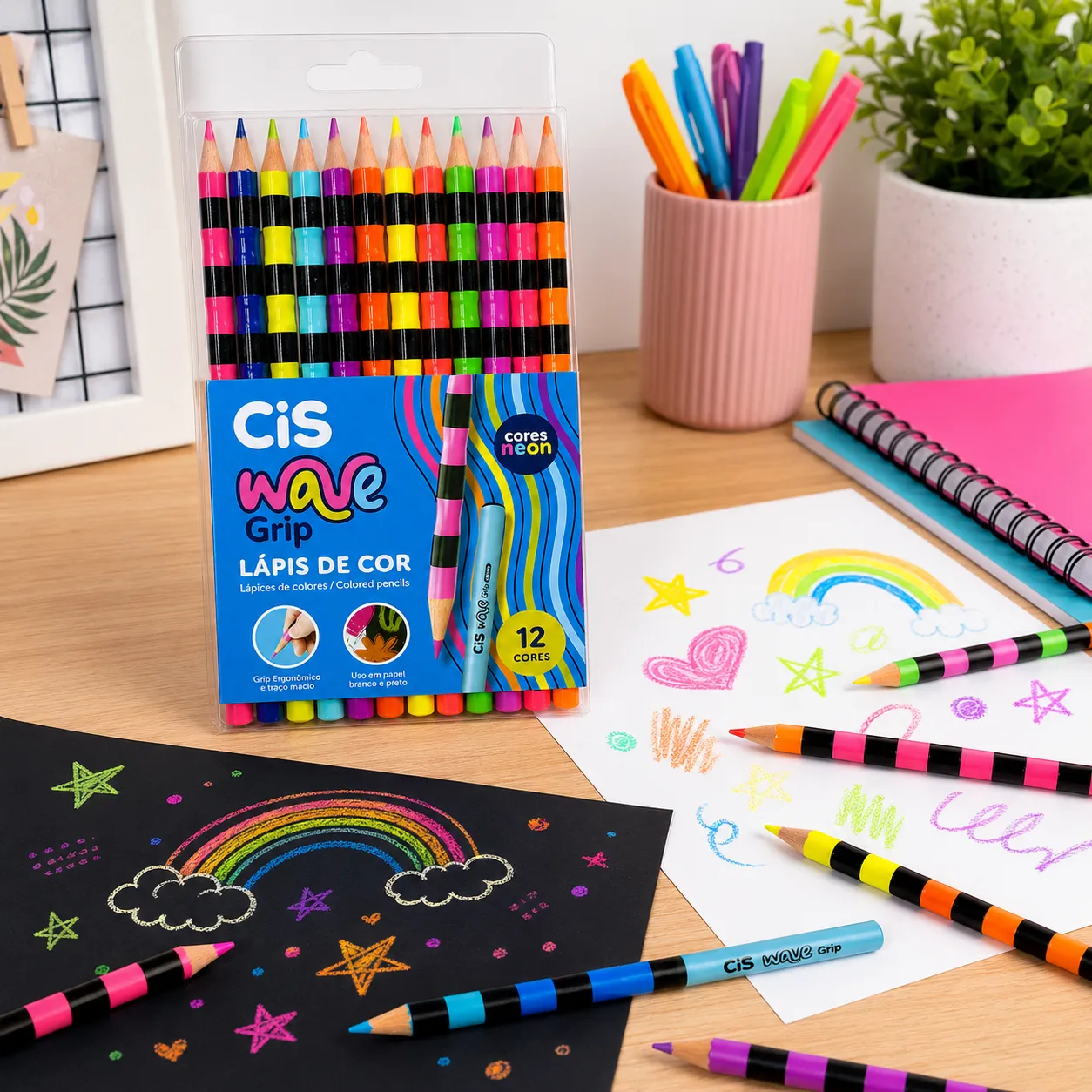 Lápis de cor CIS Wave Grip com 12 cores, ideal para crianças, design ergonômico e cores vibrantes