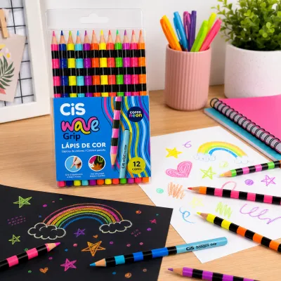 Lápis de cor CIS Wave Grip com 12 cores, ideal para crianças, design ergonômico e cores vibrantes