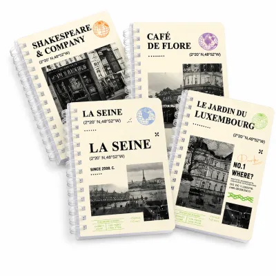 Conjunto de cadernos criativos, com quatro designs diferentes, ideal para estudantes e uso no escritório