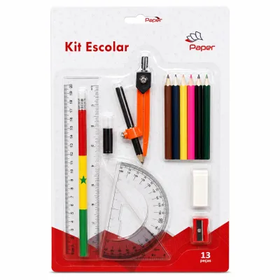 Kit Escolar Paper 13 peças, incluindo lápis, régua, compasso e mais