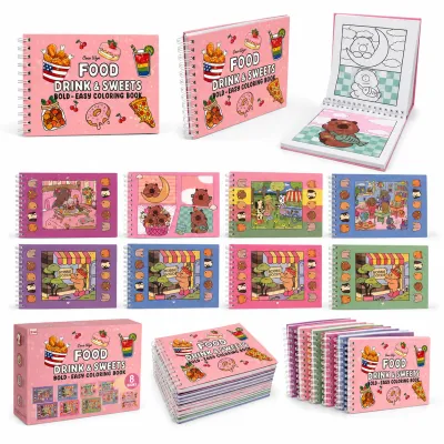 Livro de colorir com tema de doces e bebidas, estilo cartoon, para crianças
