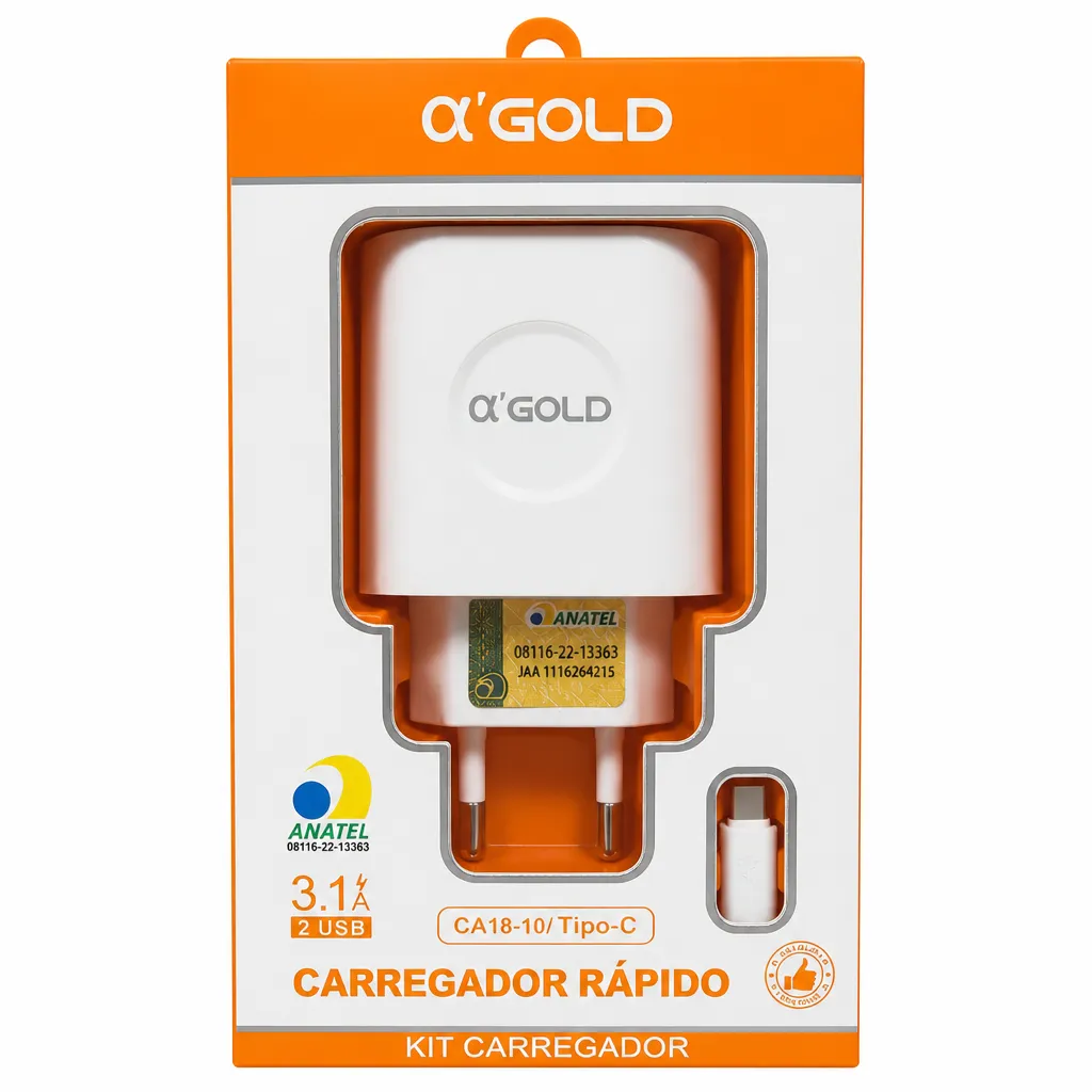 Ca18-10 Carregador rápido αGOLD, 2 portas USB, 3.1A, Tipo-C, compatível com vários dispositivos