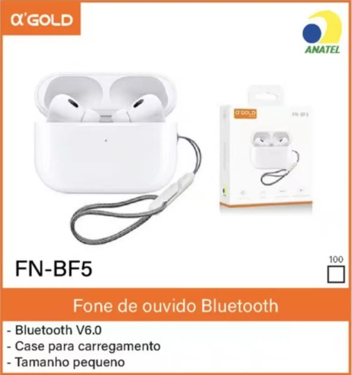 Fone de Ouvido Bluetooth a' gold FN-BF5 V6.0 Compacto e Portátil com Estojo de Carregamento