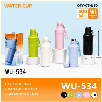 Copo de água de aço inoxidável 500ml WU-534, disponível em várias cores, com alça, isolamento a vácuo