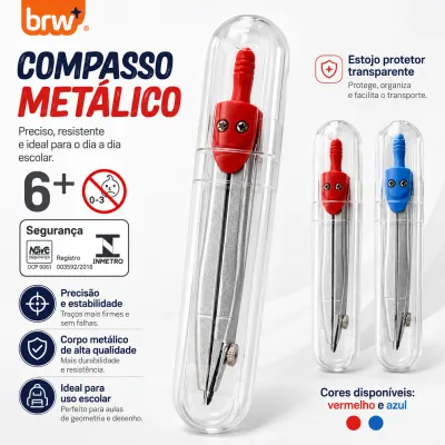 Compasso metálico BRW, ideal para maiores de 6 anos, disponível em vermelho e azul, com estojo protetor transparente, durável e preciso, perfeito para o dia a dia escolar.