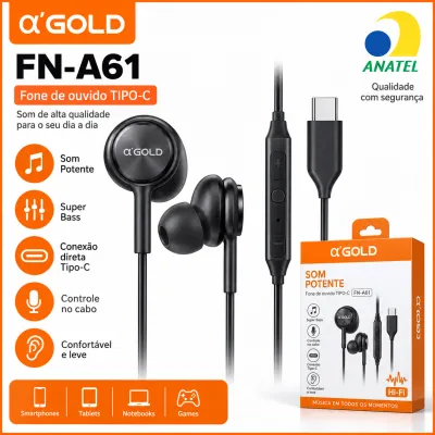 Fone αGOLD FN-A61 Type-C, som potente e graves profundos, ideal para smartphones, tablets, notebooks e jogos, confortável e com controle
