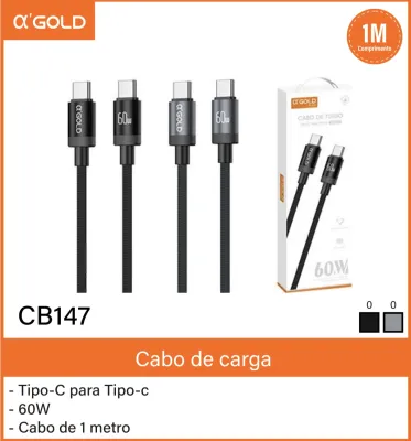 Cabo de carga αGOLD 60W 1 metro, compatível com dispositivos Tipo-C, design durável