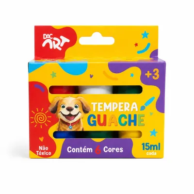 Tinta guache DAC Art não tóxica, conjunto com 6 cores, 15ml, indicado para crianças acima de 3 anos