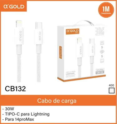 Cabo de carga αGOLD CB132 30W, Tipo-C para Lightning, compatível com 14proMax, 1 metro