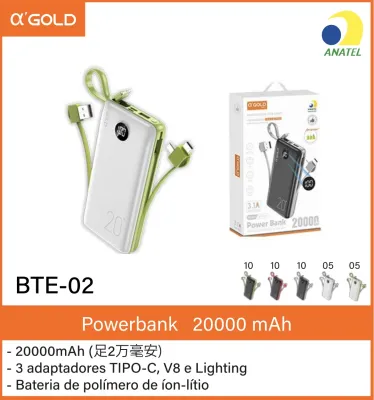 Powerbank α-GOLD 20000mAh BTE-02, compatível com TYPE-C, V8 e Lighting, bateria de polímero, design portátil