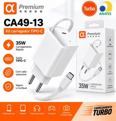 Kit carregador α Premium 35W, saída TYPE-C, seguro e confiável, com cabo extensível
