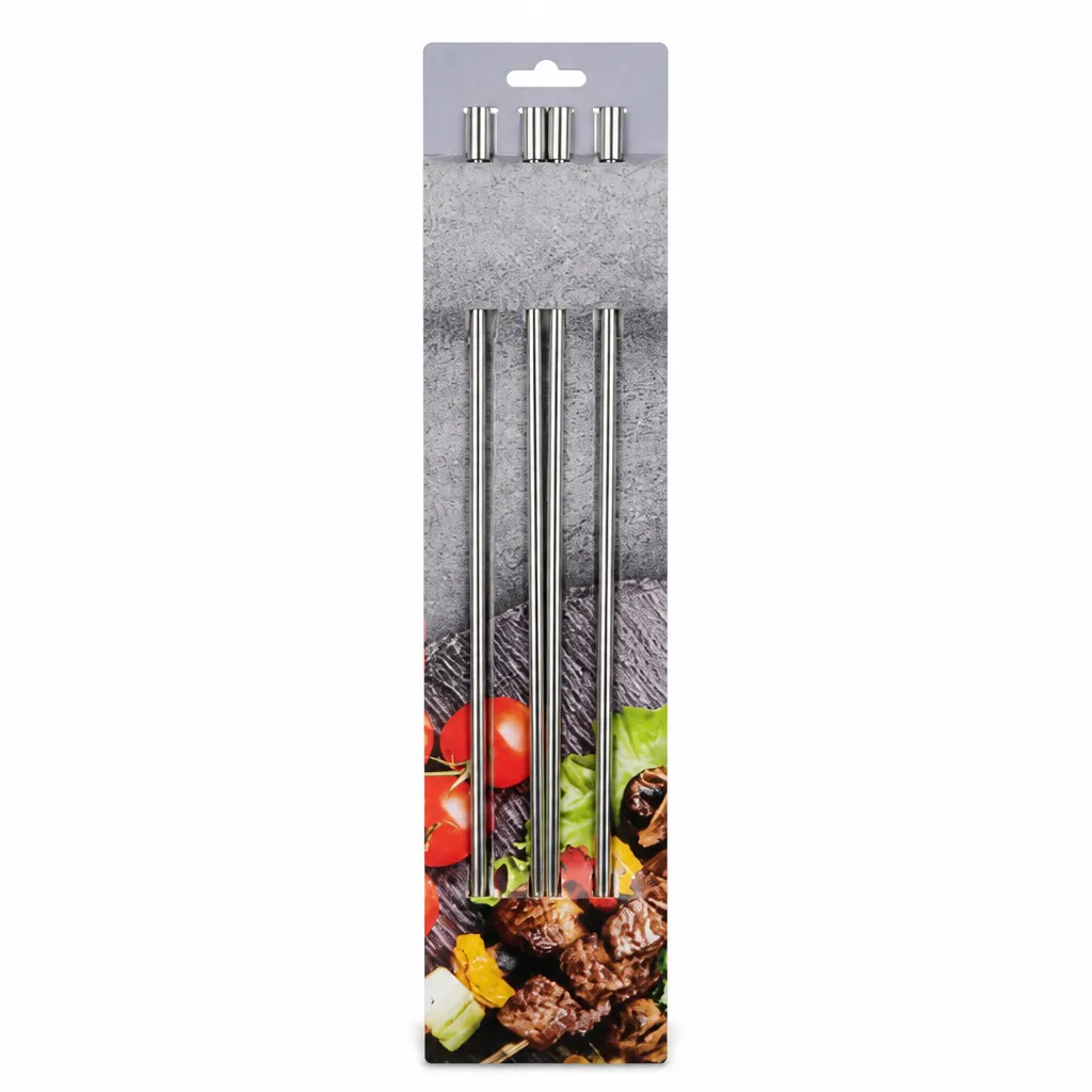 Conjunto de espetos de aço inoxidável com 4 peças, ideal para carne e vegetais, resistente ao calor e fácil de limpar