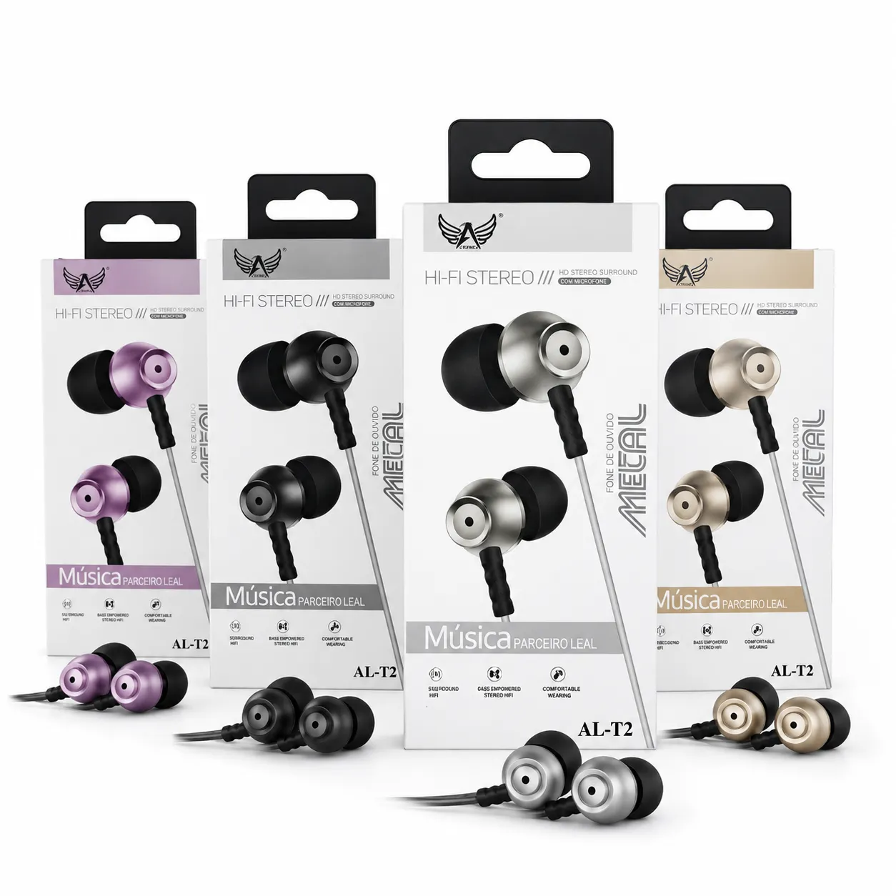 Fones de ouvido Hi-Fi estéreo AL-T2, disponíveis em quatro cores, ideais para música e chamadas