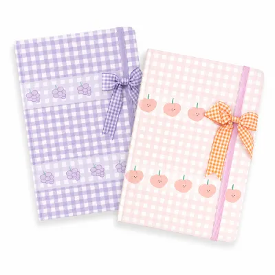 Caderno fofo com padrão xadrez, rosa e roxo, com elástico, ideal para estudantes e uso no escritório