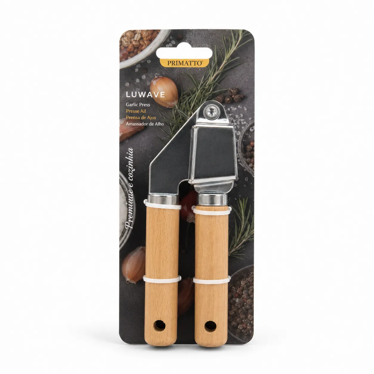 Espremedor de alho multifuncional, cabo de madeira, aço inoxidável durável, ideal para uso doméstico