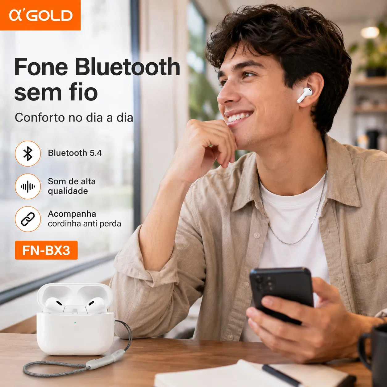 α'GOLD FN-BX3 Fone Bluetooth V5.4 Sem Fio com Cordão Antiperda