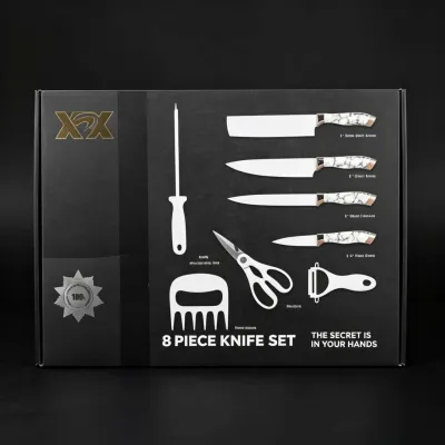 Conjunto de facas de 8 peças, incluindo várias facas, tesoura e descascador, ideal para uso na cozinha