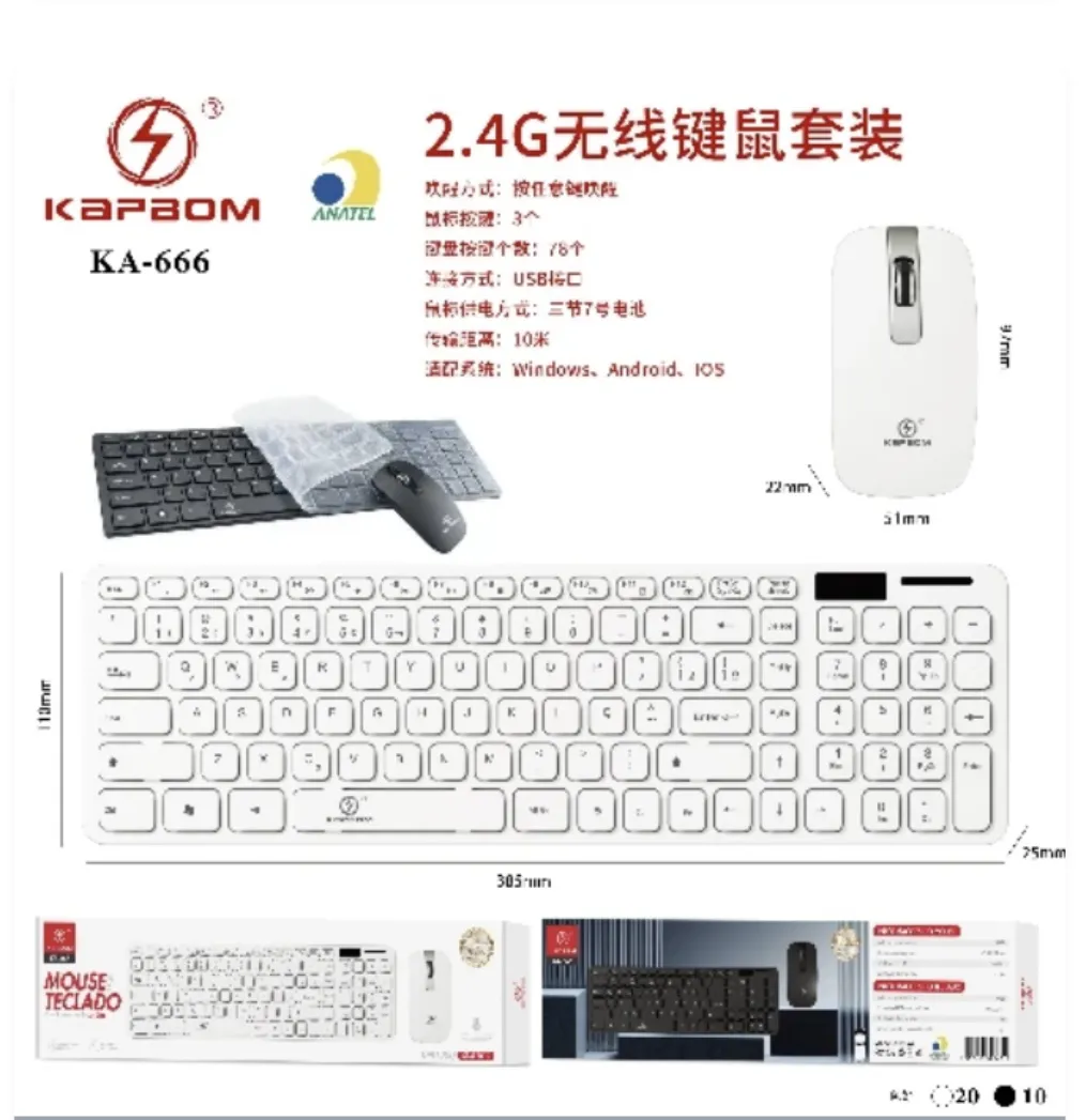 Conjunto de teclado e mouse sem fio KAPBOM KA-666 2.4G, compatível com Windows, Android, iOS, preto