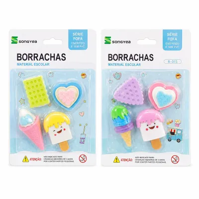 Conjunto de borrachas criativas, formas de sorvete, coração e personagens, ideal para material escolar