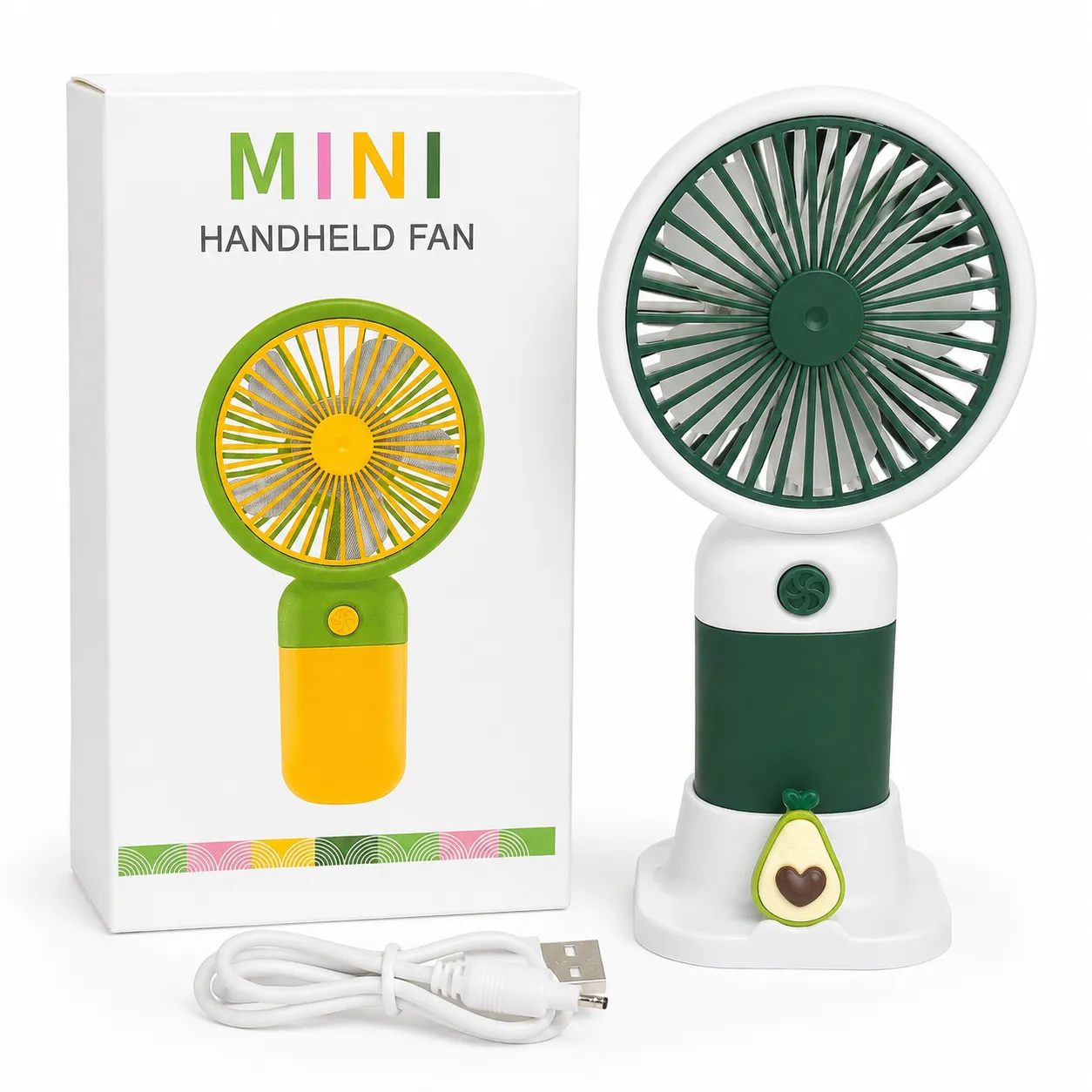 Mini ventilador portátil, verde, recarregável via USB, ideal para atividades ao ar livre e viagens