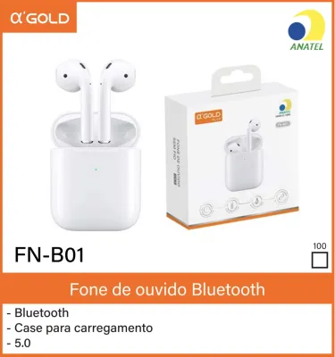 FN-B01 α'GOLD Fone de Ouvido Bluetooth 5.0 com Estojo de Carregamento