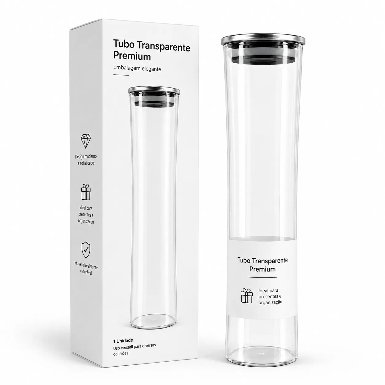 Tubo de vidro transparente com tampa de metal, ideal para laboratório e uso doméstico