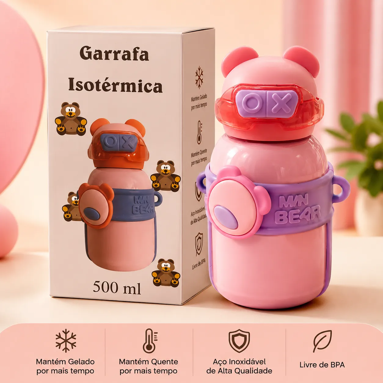 GDR1053 500ml 保温瓶,卡通熊设计,适合儿童,便携式