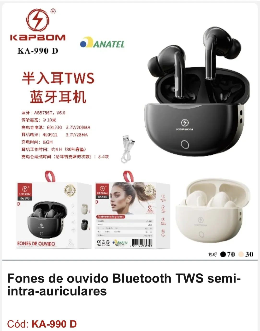 Fones de ouvido Bluetooth TWS semi-intra-auriculares KAPPAOM, modelo KA-990, disponível em preto/branco