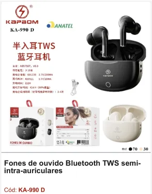 Fones de ouvido Bluetooth TWS semi-intra-auriculares KAPPAOM, modelo KA-990, disponível em preto/branco