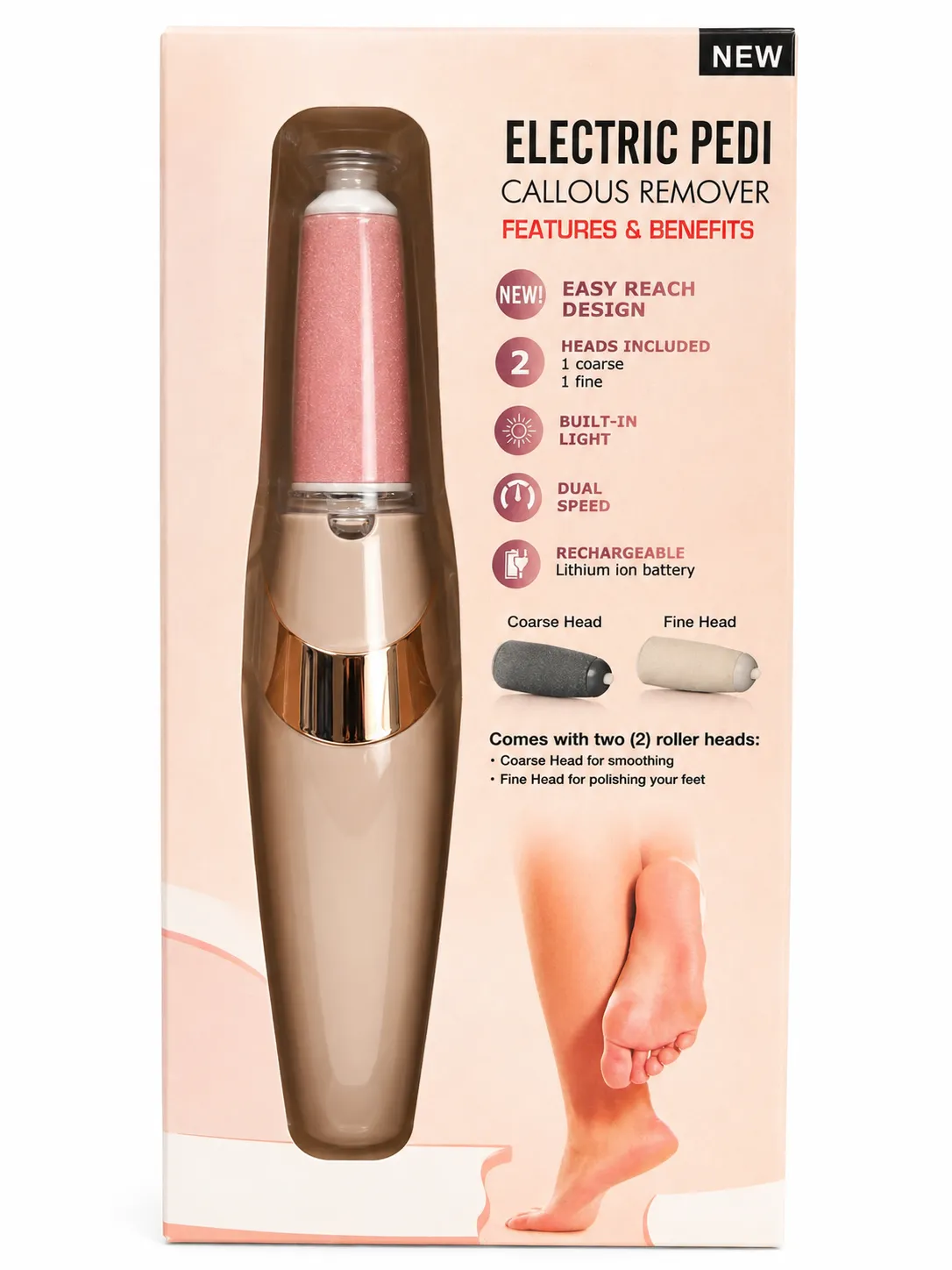Removedor de calos elétrico, com luz embutida, design de duas cabeças, recarregável, ideal para cuidados dos pés