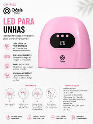 Luminária LED para unhas OIH-5422 Oásis, secagem rápida, timer inteligente, 24 LEDs, rosa