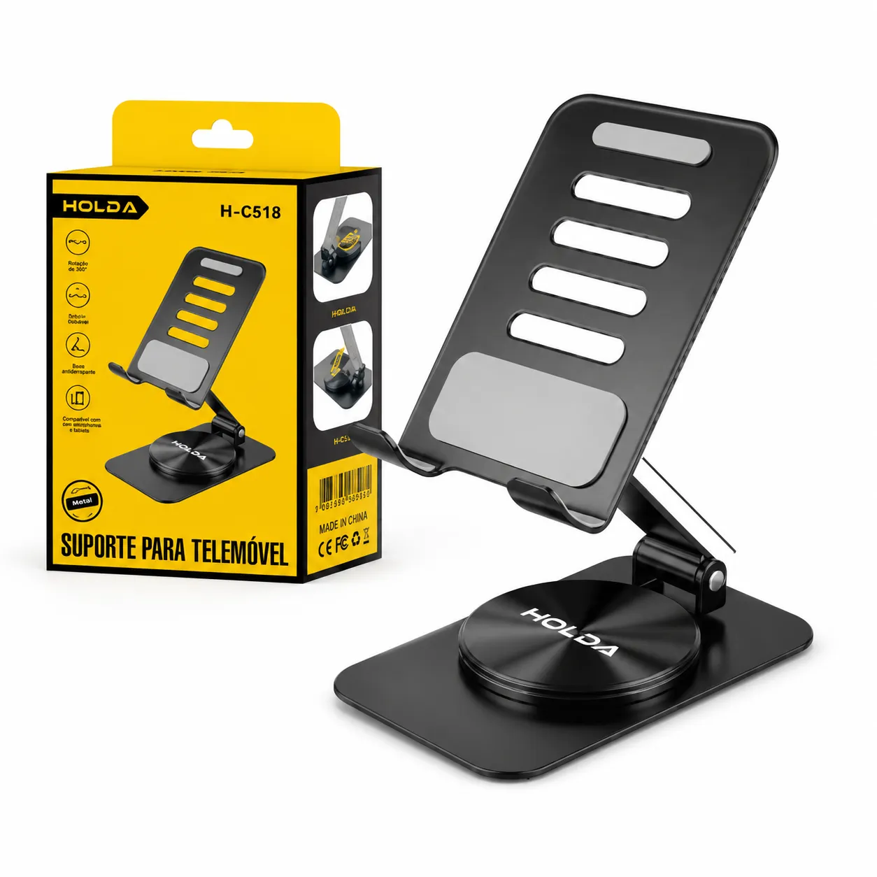 Suporte de mesa HOLDA H-C518 em aço magnético, rotativo 360 graus, para celular e tablet, preto