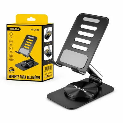Suporte de mesa HOLDA H-C518 em aço magnético, rotativo 360 graus, para celular e tablet, preto