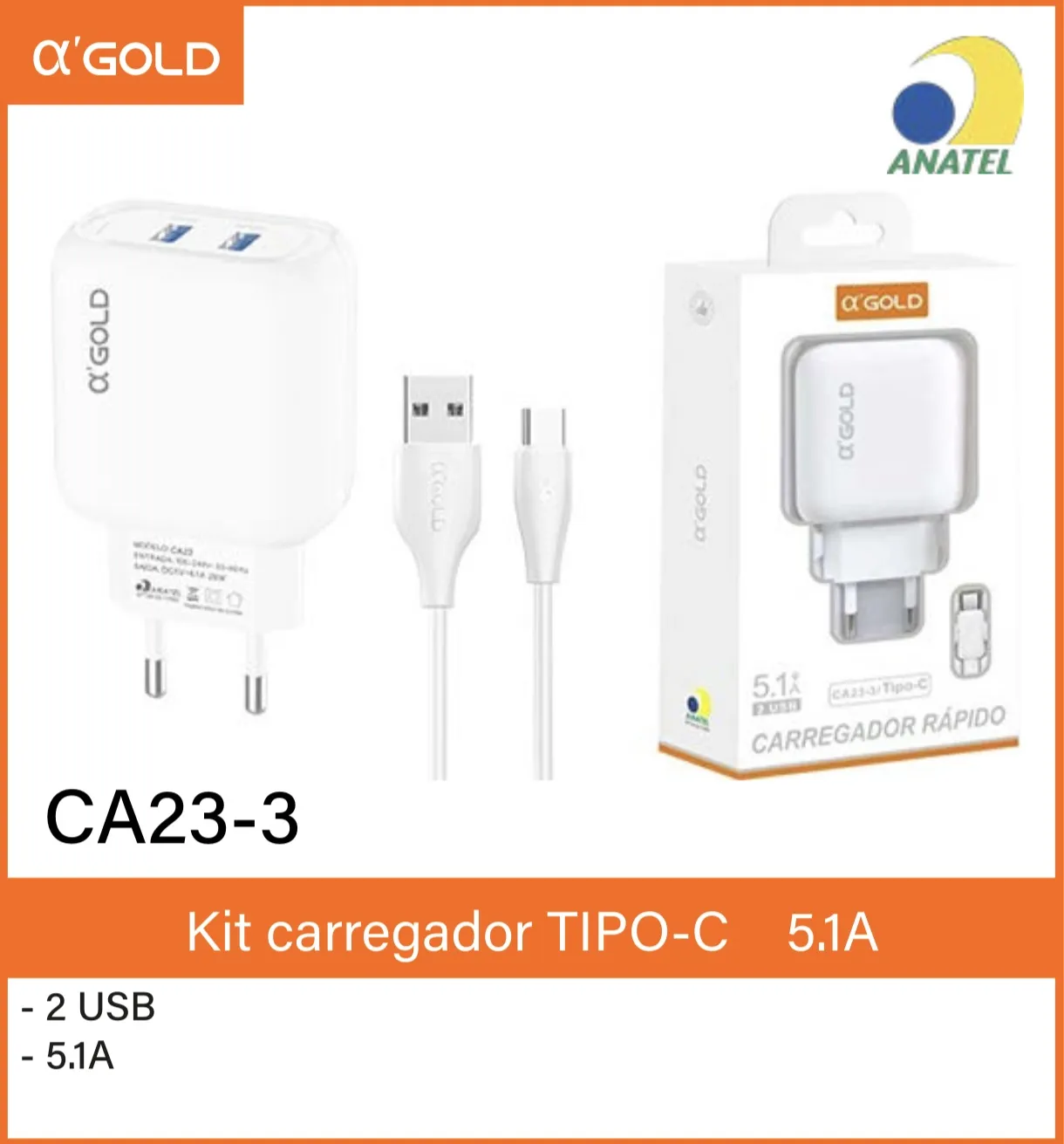 αGOLD快充充电器套装 CA23-3，2个USB接口，5.1A，TYPE-C
