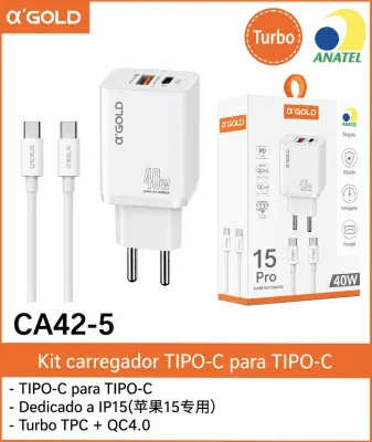Carregador CA42-5 αGOLD 40W Turbo com kit para Type-C, inclui QC4.0, compatível com IP15