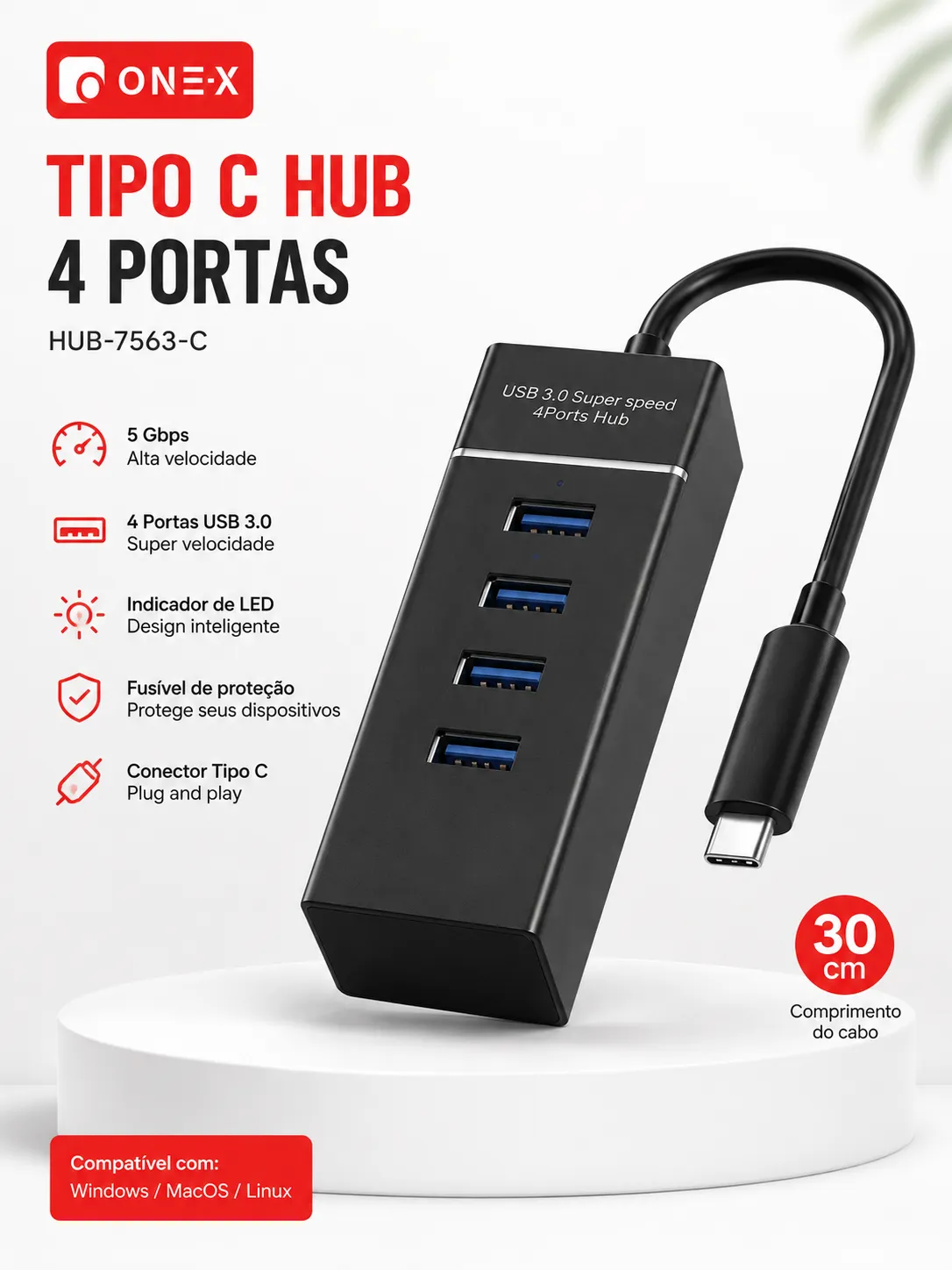 HUB-7563-C ONEX USB-C集线器 4个端口 5Gbps高速传输 LED指示灯 30cm