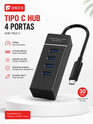 Hub USB-C ONEX com 4 portas, transferência de 5Gbps, LED indicador, 30cm