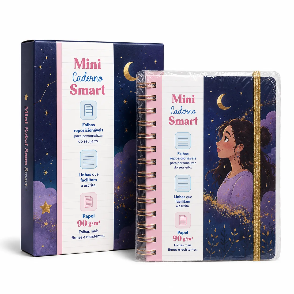 Caderno Mini Smart Dac, papel 90g/m², ideal para personalização, com decoração dourada