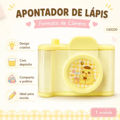 Apontador de lápis C60220 em formato de câmera, amarelo, com depósito, ideal para escola