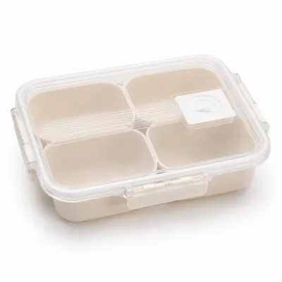 Caixa de armazenamento de alimentos multifuncional, plástico transparente, design de quatro compartimentos, ideal para marmitas
