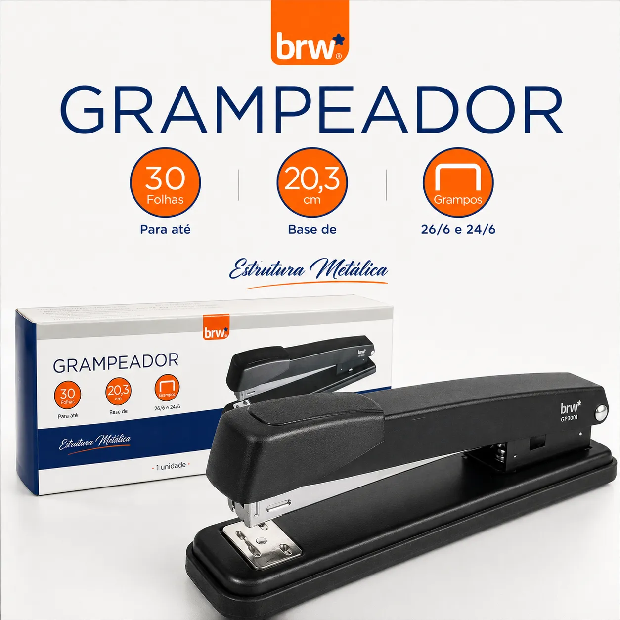 Grampeador BRW GP3001 de estrutura metálica, para 30 folhas, 20,3 cm, inclui grampos 26/6 e 24/6