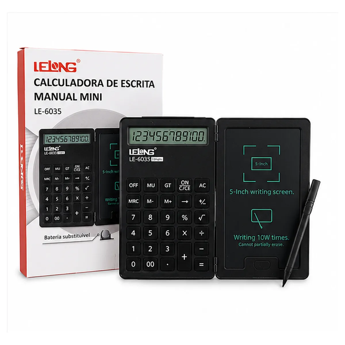 Calculadora Mini de Escrita LE-6035 da LeLong, Tela de 5 polegadas, 12 dígitos