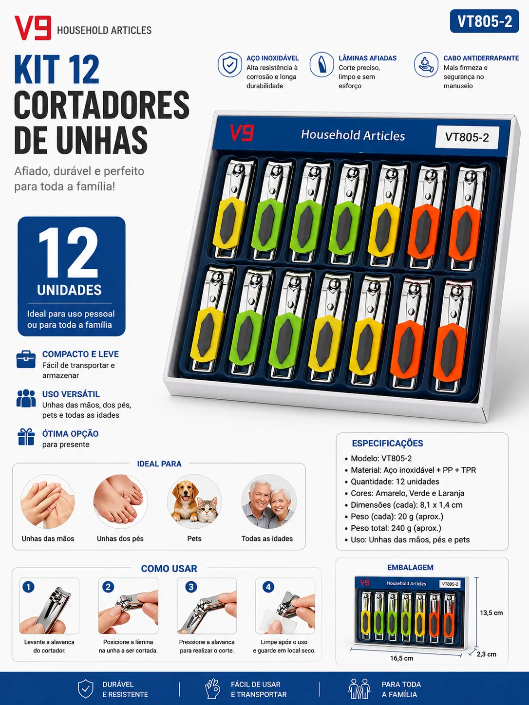 Kit de 12 cortadores de unhas V9, ideal para toda a família, duráveis e afiados, fácil de transportar