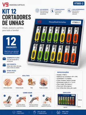 Kit de 12 cortadores de unhas V9, ideal para toda a família, duráveis e afiados, fácil de transportar