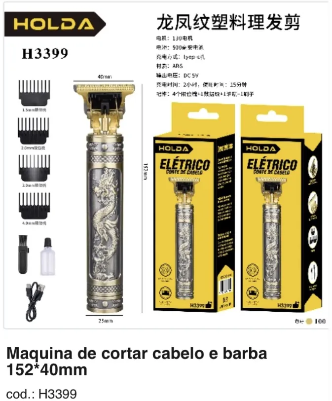 Máquina de cortar cabelo e barba HOLD A H3399 152*40mm, com vários pentes, ideal para corte de cabelo e barba